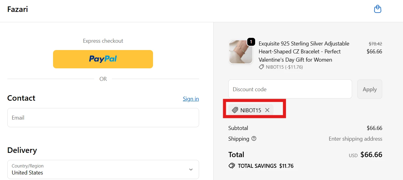 Fazari verified Coupon code NIBOT15